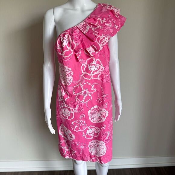 Lily Pulitzer One Shoulder Sandra Ruffle Dress Size 10 Pink - Picture 3 of 8
